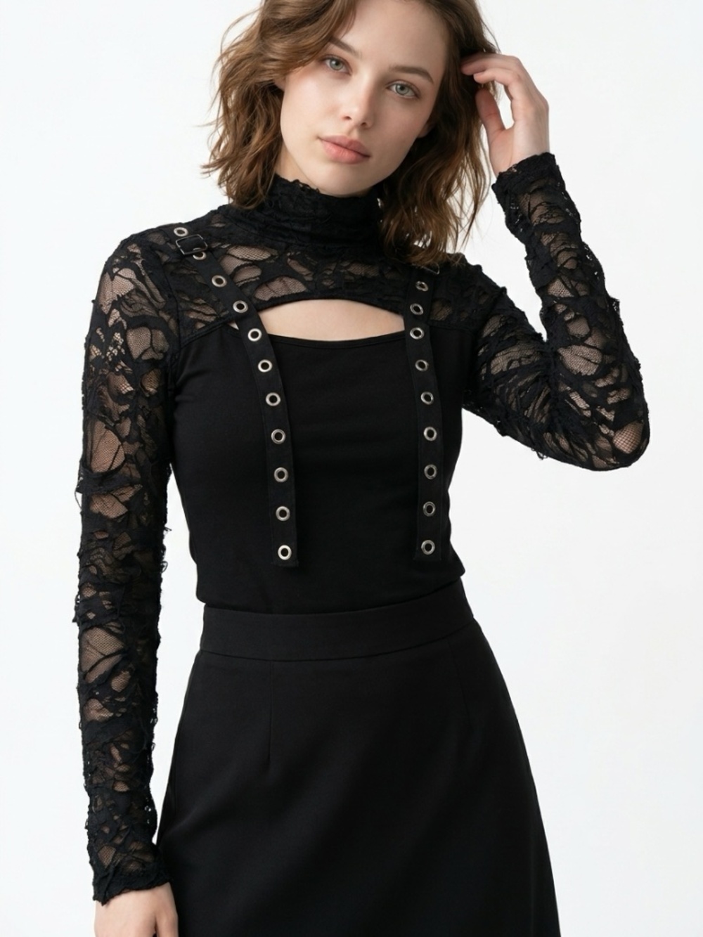 DARK IN LOVE • Black Distressed Lace Grommet Buckle Cutout Goth Top Medium
